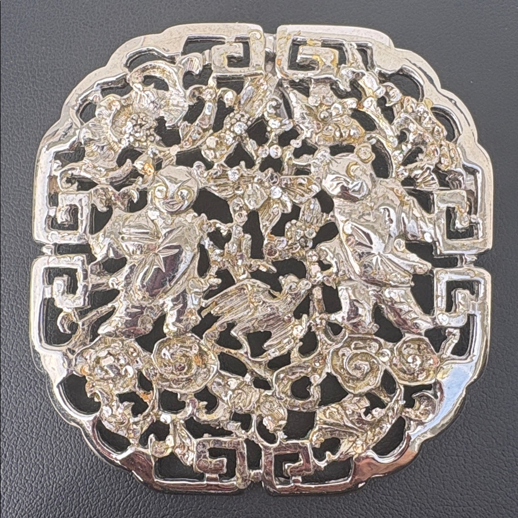 Judith Leiber Asian Theme Silver Toned Pendant Brooch 1980